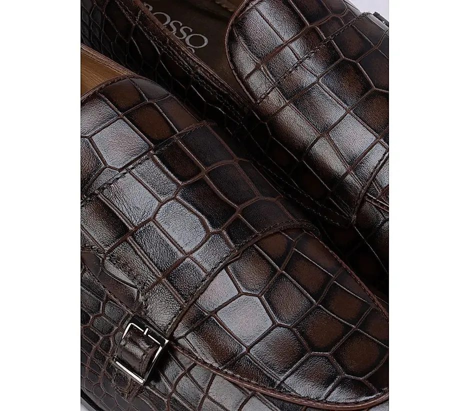 Brown Croco Effect Monk Straps