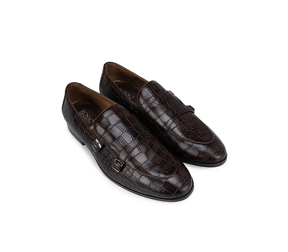 Brown Croco Effect Monk Straps