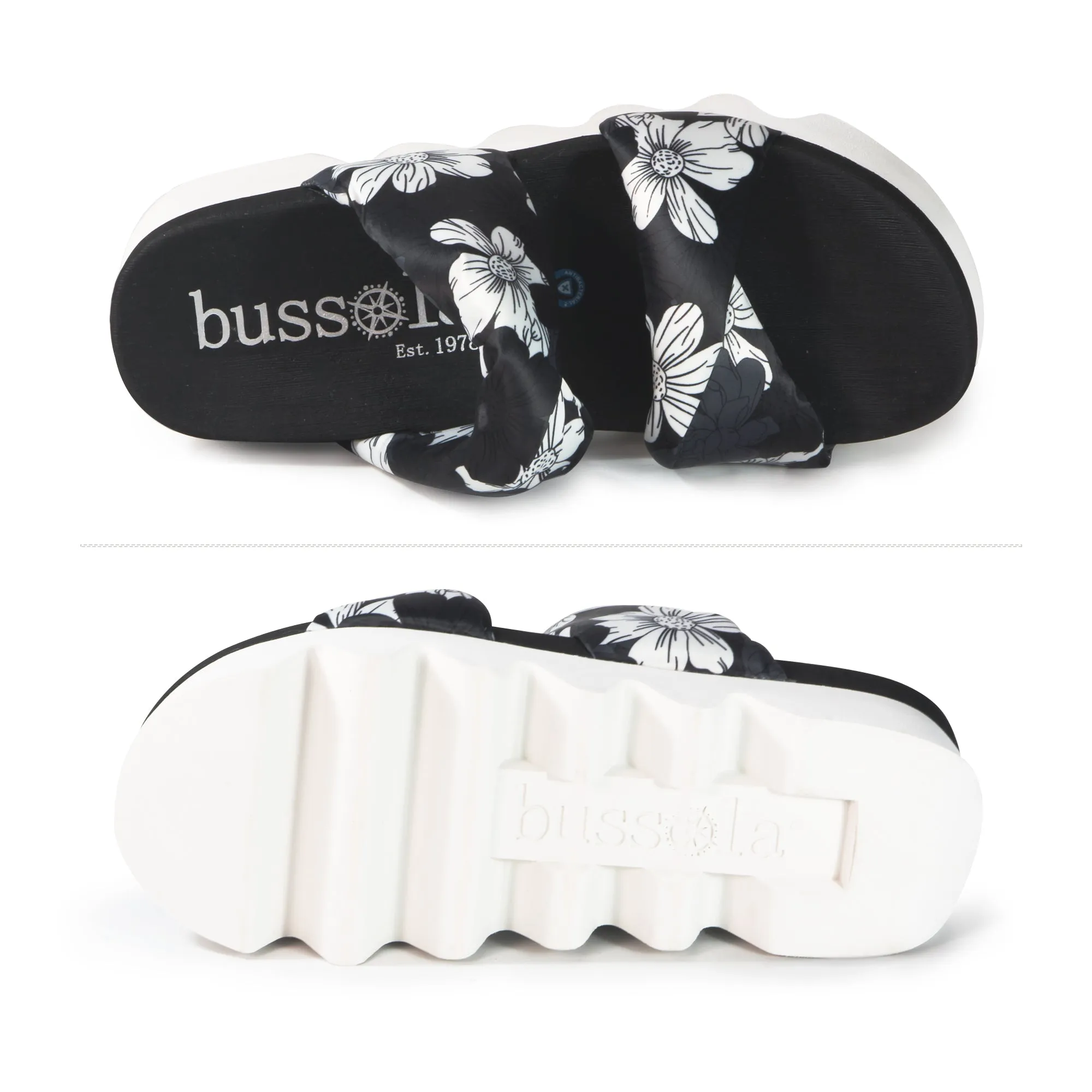 Capri Floral Slide Sandals (Bianco/Nero)