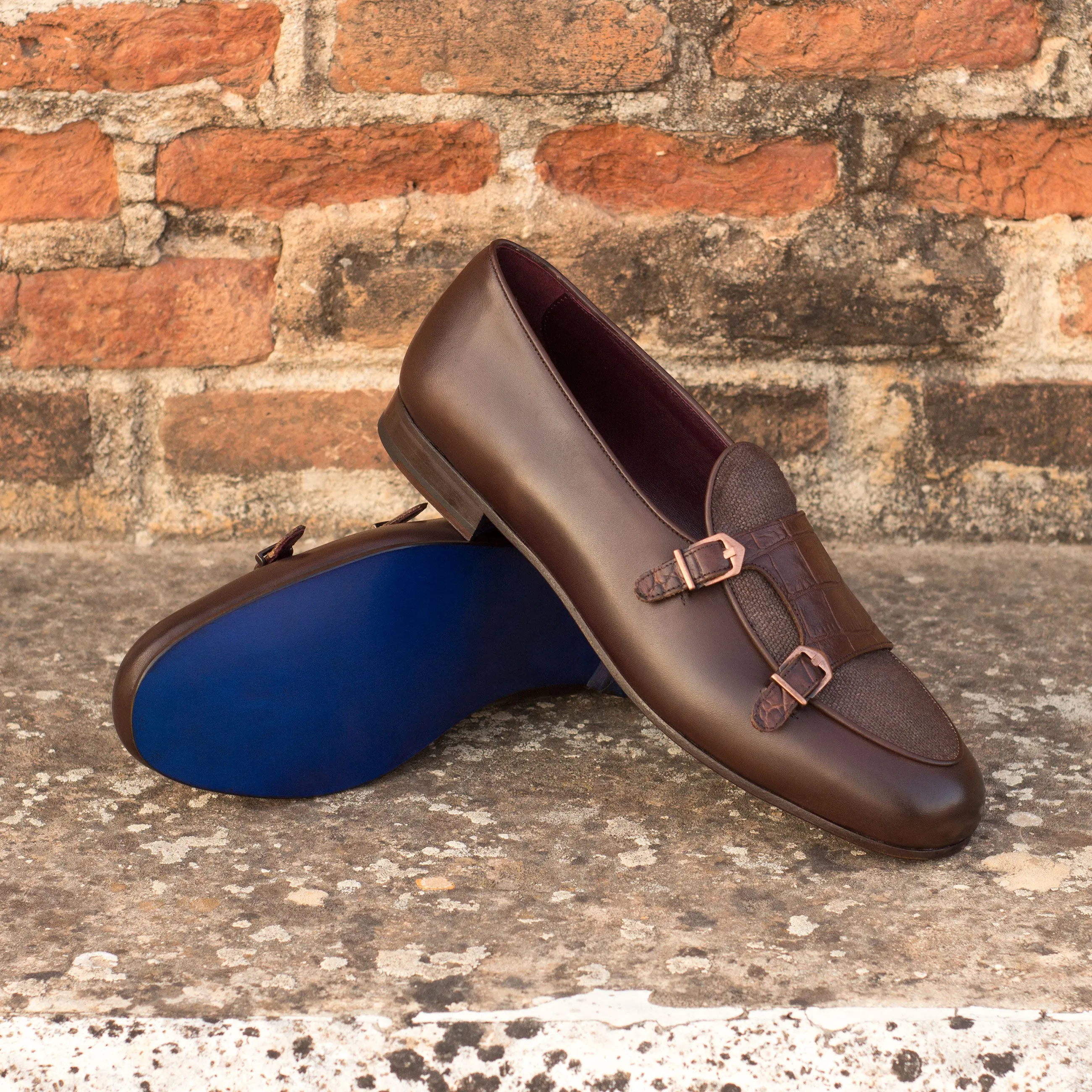 DapperFam Rialto in Brown / Dark Brown Men's Linen & Italian Leather Monk Slipper