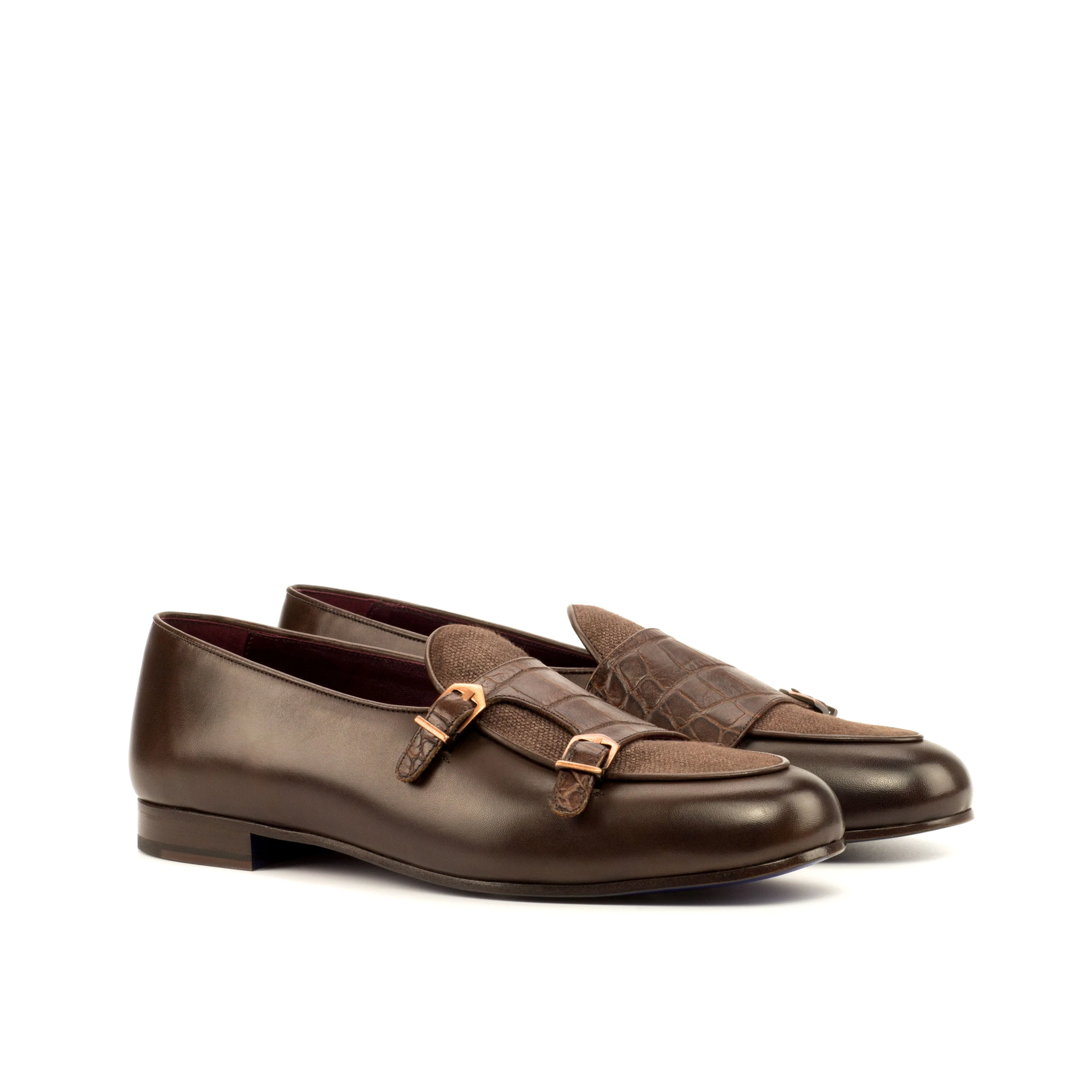 DapperFam Rialto in Brown / Dark Brown Men's Linen & Italian Leather Monk Slipper