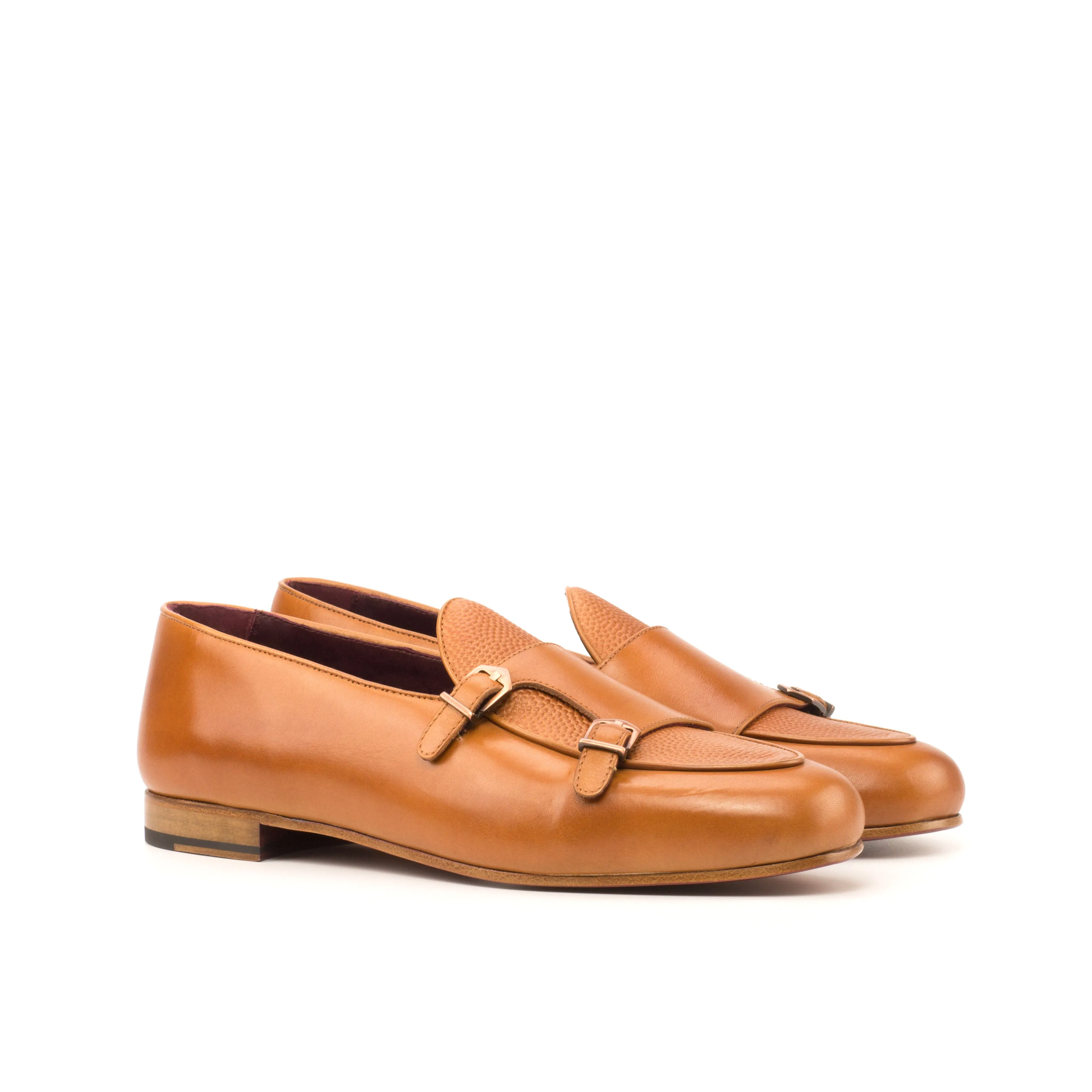 DapperFam Rialto in Tan / Cognac Men's Italian Leather & Italian Pebble Grain Leather Monk Slipper