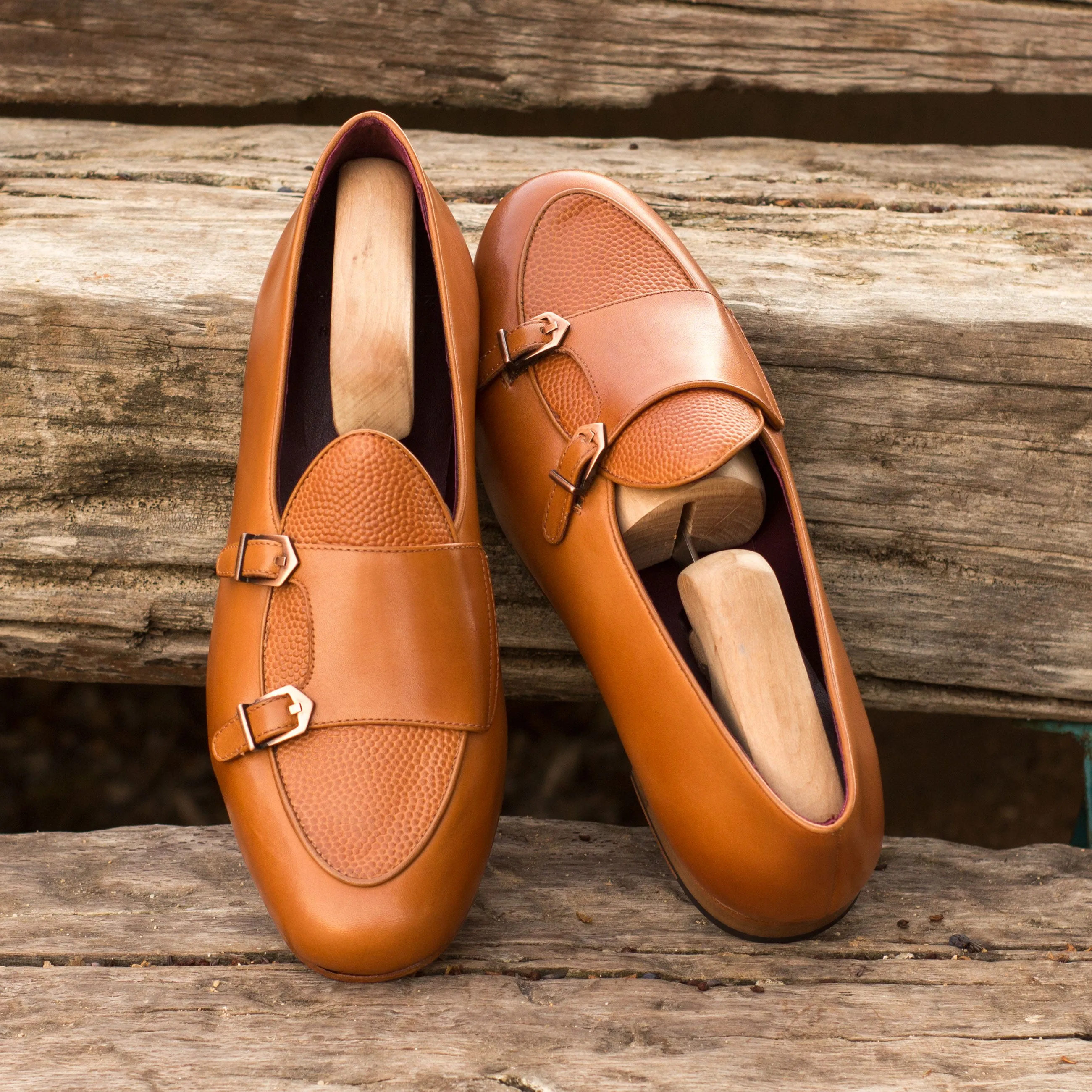 DapperFam Rialto in Tan / Cognac Men's Italian Leather & Italian Pebble Grain Leather Monk Slipper