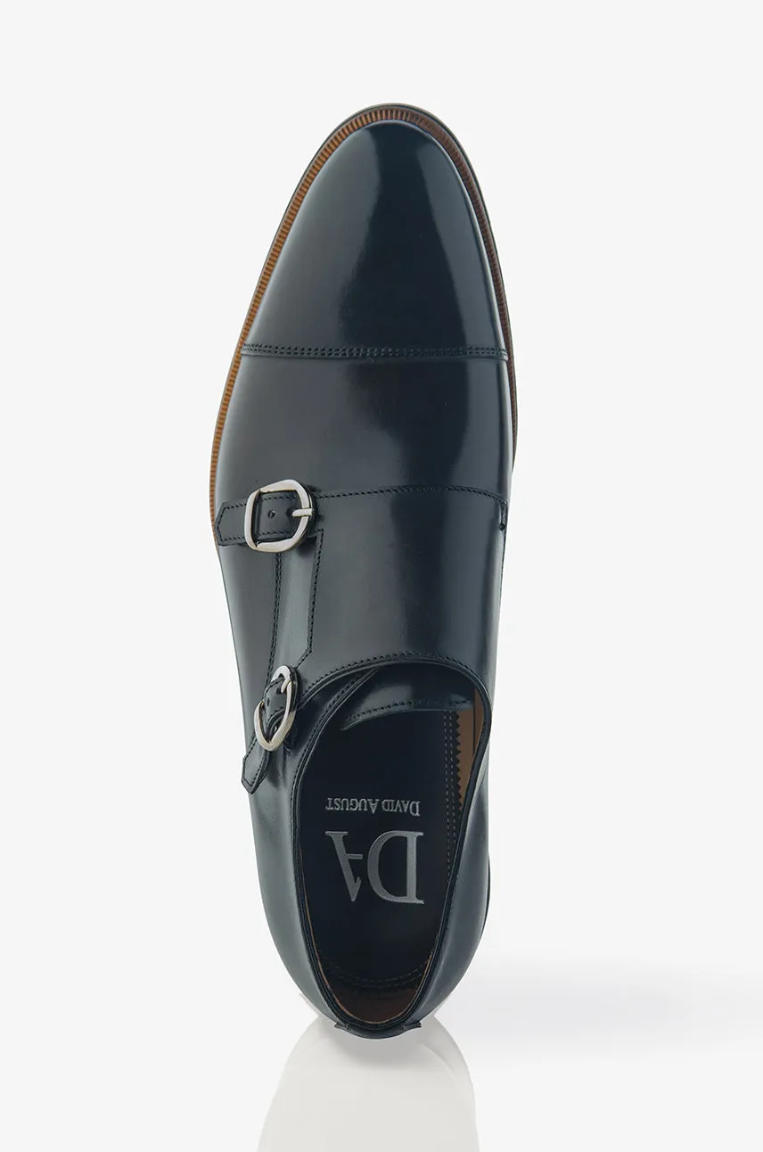 David August Leather Double Buckle Monk-Strap Shoes in Dark Black Nero Fondente