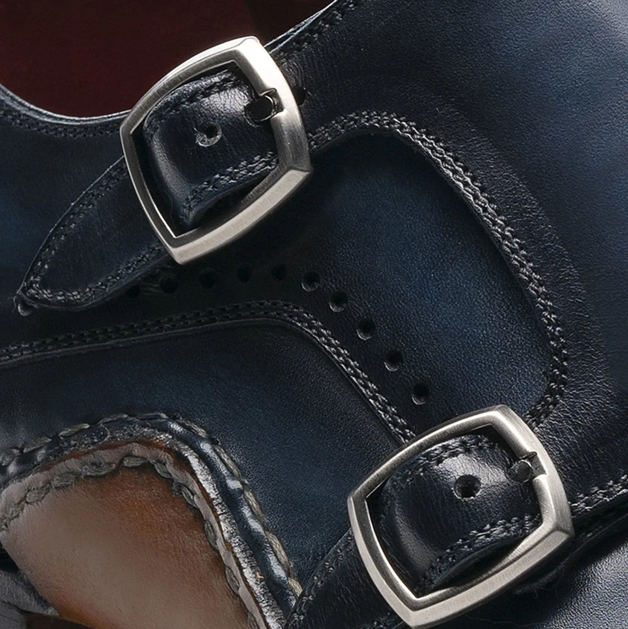 Flat Feet Shoes - Navy Blue Leather Victoria Monk Strap Shoes with Arch Support