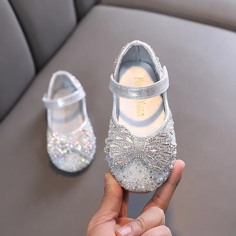 Flat Rhinestone Bowtie Kids Girls Princess Party Shoes