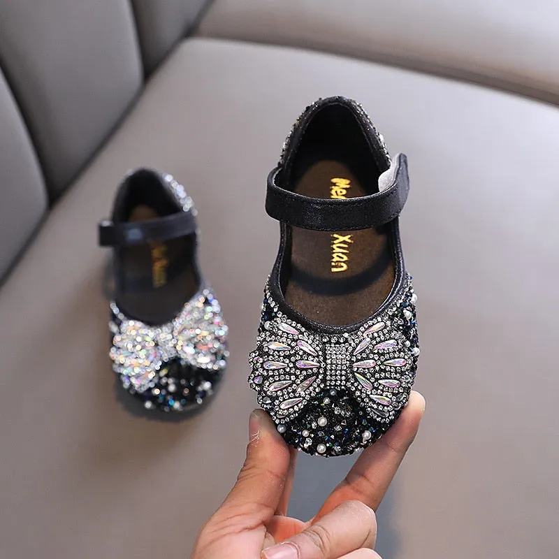 Flat Rhinestone Bowtie Kids Girls Princess Party Shoes