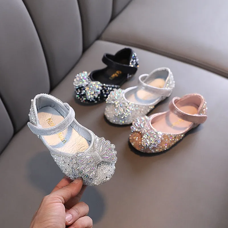Flat Rhinestone Bowtie Kids Girls Princess Party Shoes