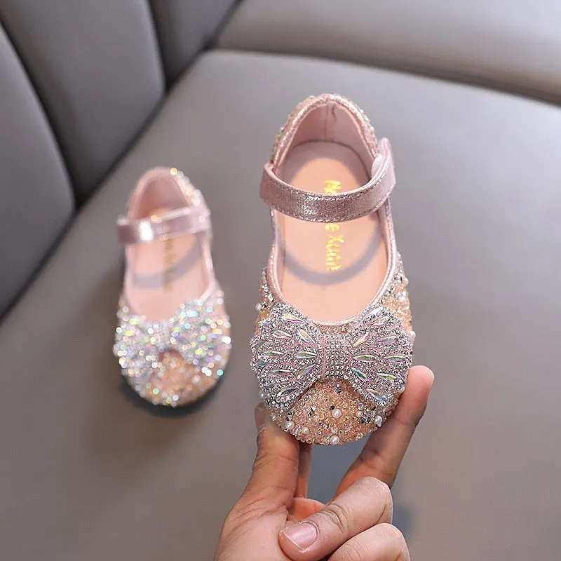 Flat Rhinestone Bowtie Kids Girls Princess Party Shoes
