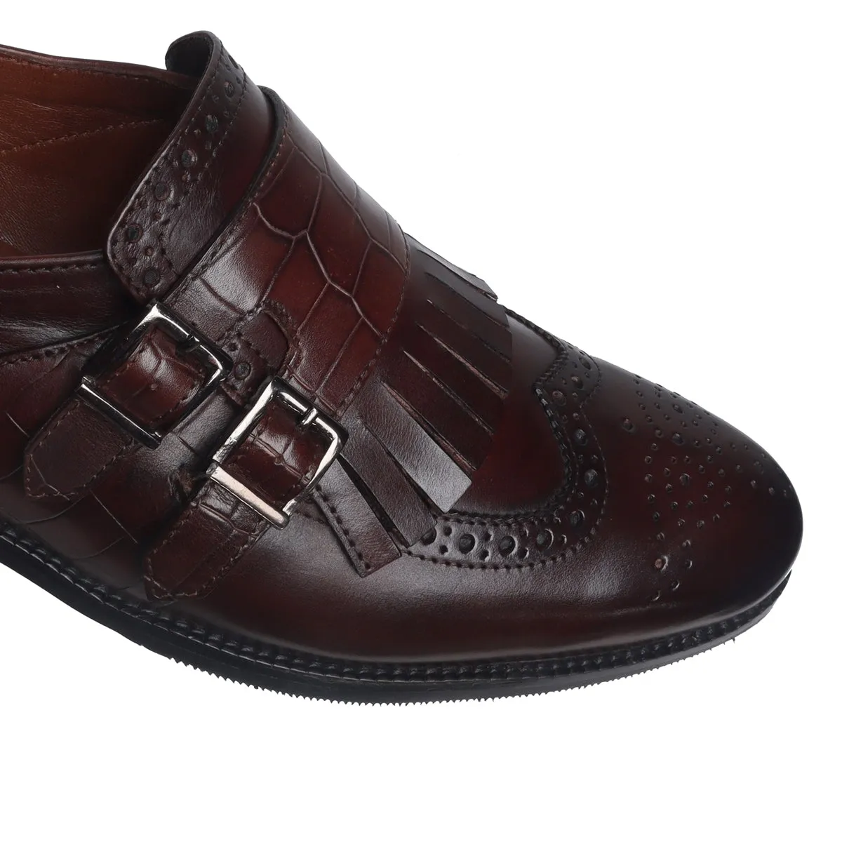 Fringes With Double Monk Strap in Dark Brown Croco Embossed Leather