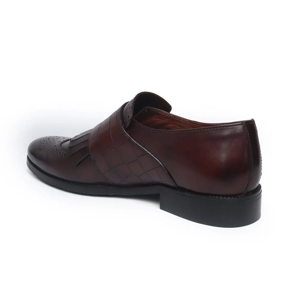 Fringes With Double Monk Strap in Dark Brown Croco Embossed Leather