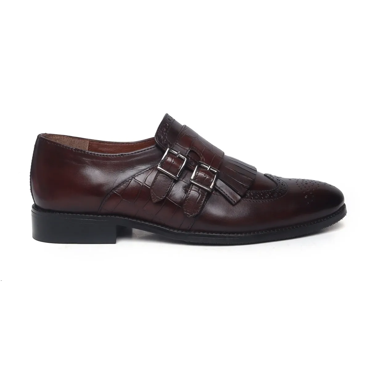 Fringes With Double Monk Strap in Dark Brown Croco Embossed Leather