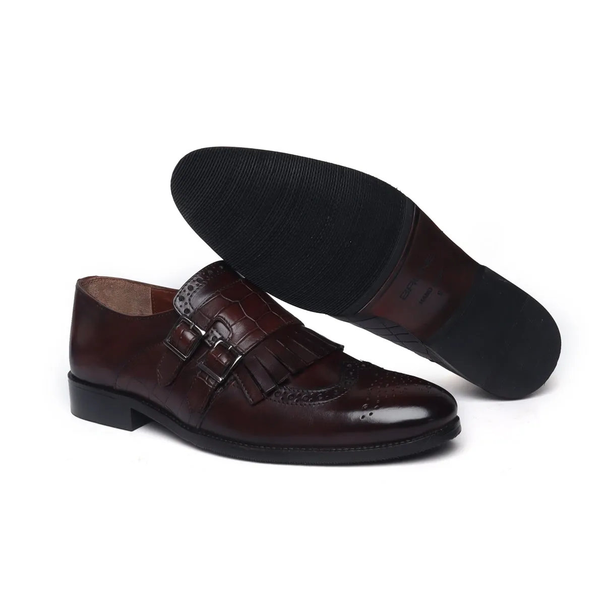Fringes With Double Monk Strap in Dark Brown Croco Embossed Leather