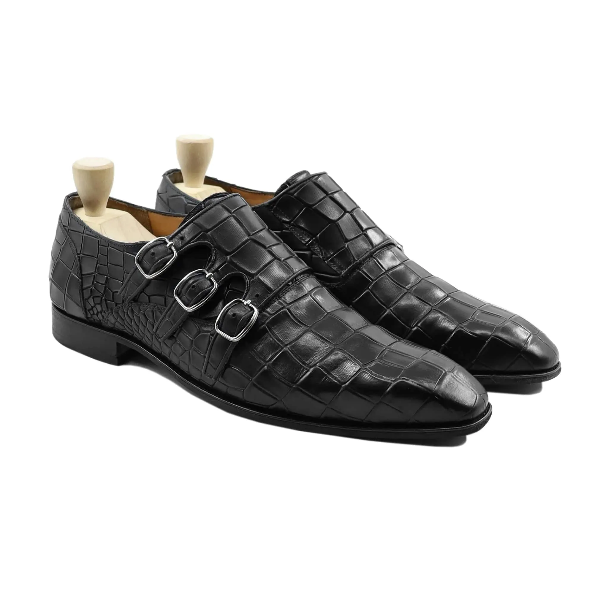 Handmade Custom Men Black Leather Crocodile Pattern Triple Monkstrap Shoes