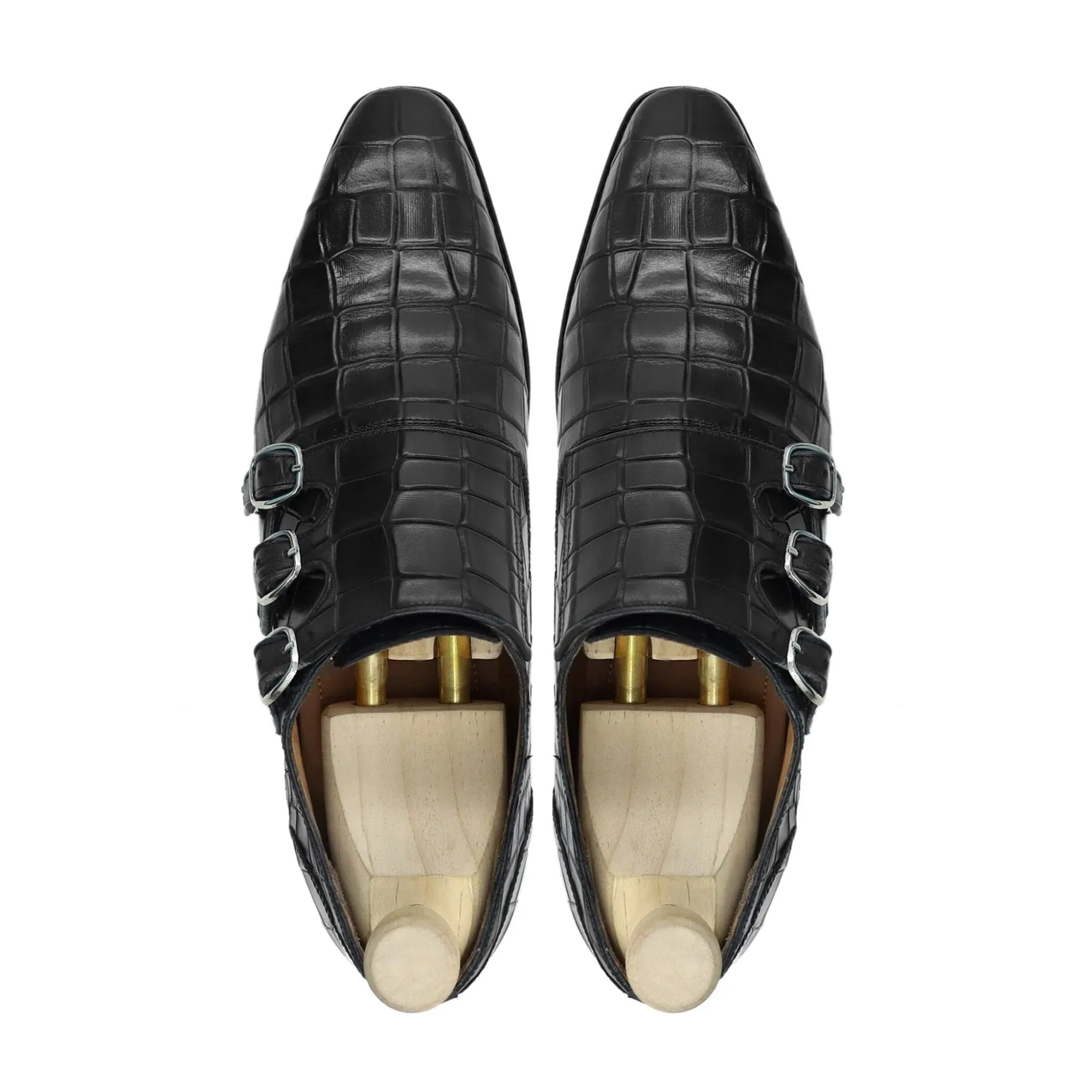 Handmade Custom Men Black Leather Crocodile Pattern Triple Monkstrap Shoes