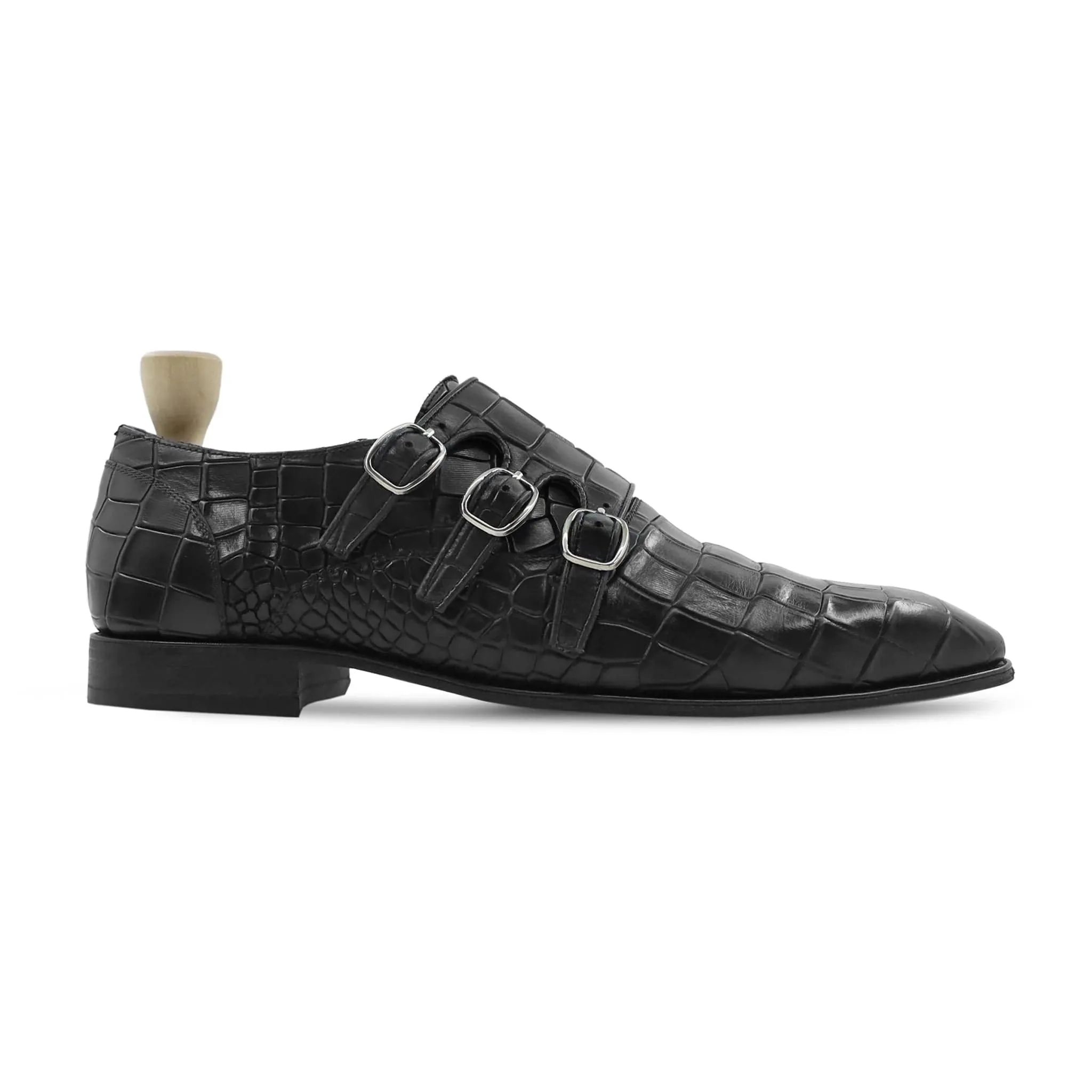 Handmade Custom Men Black Leather Crocodile Pattern Triple Monkstrap Shoes