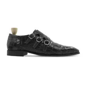 Handmade Custom Men Black Leather Crocodile Pattern Triple Monkstrap Shoes