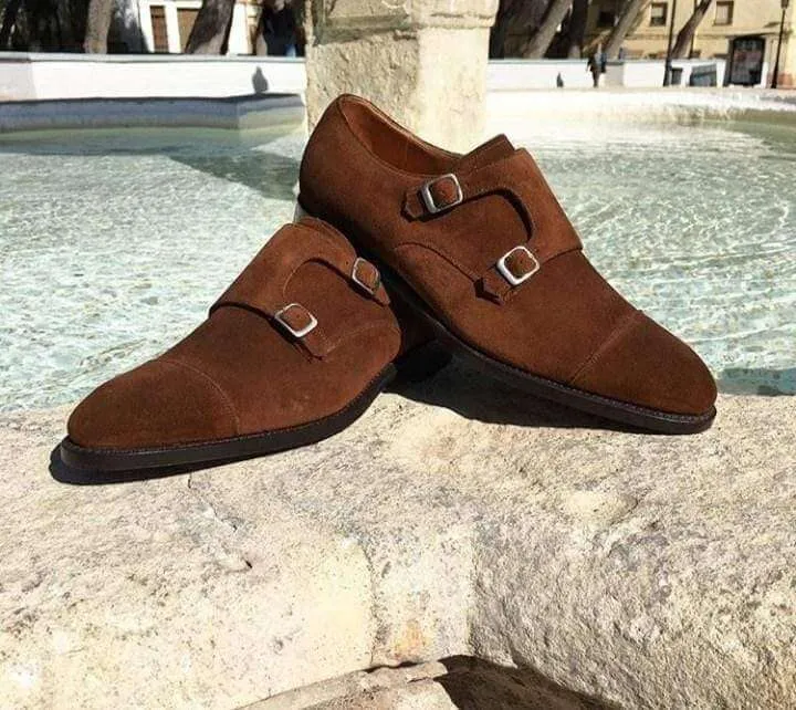 Handmade Men's Suede Cap Toe Dark Brown Monk Shoes