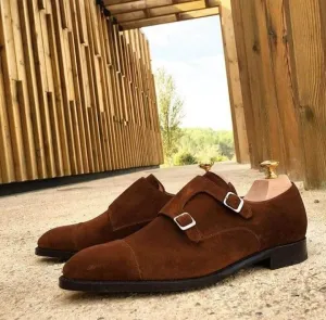 Handmade Men's Suede Cap Toe Dark Brown Monk Shoes