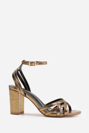 KYLEIGH MID BLOCK HEEL WITH CROSS OVER STRAP DETAILING IN GOLD CRINKLE FAUX LEATHER