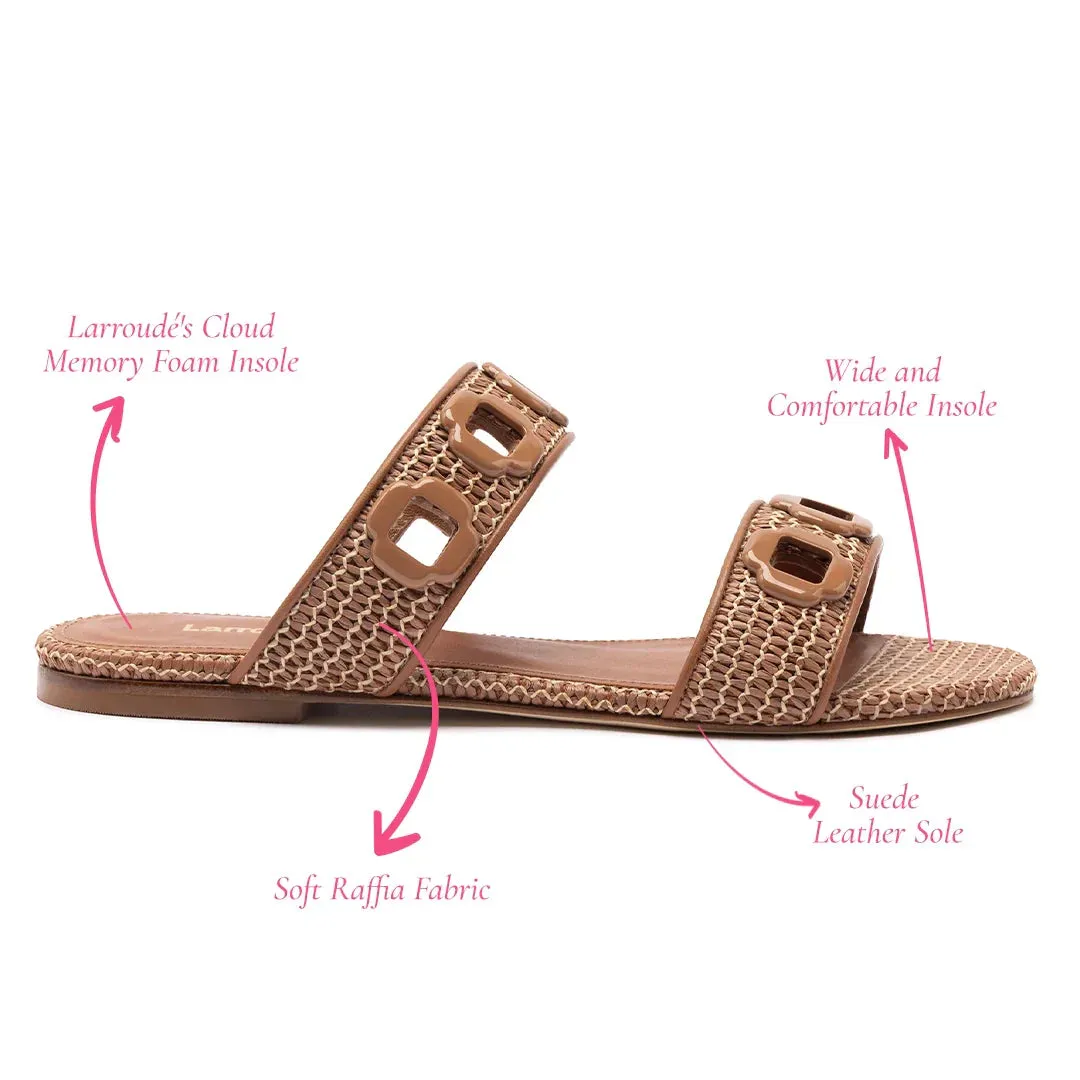 Larroude Milan Flat Mule In Caramel Wave Raffia