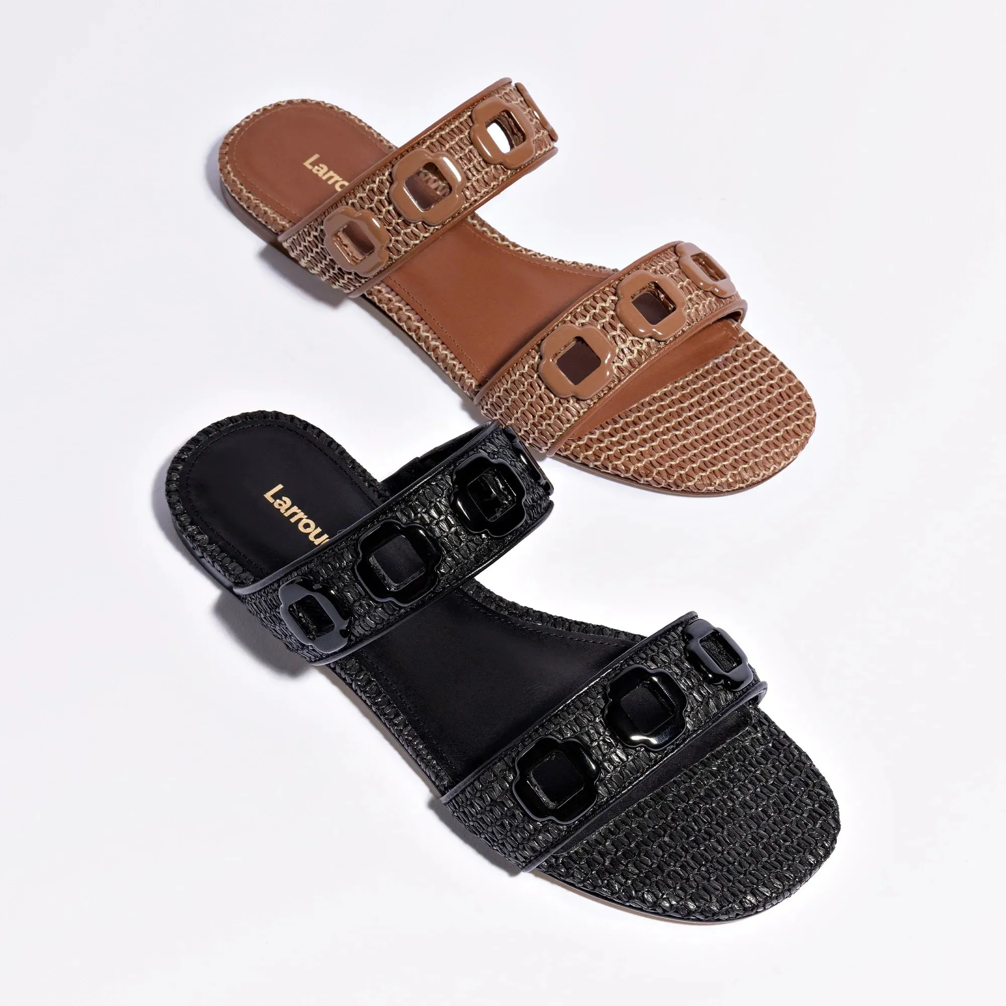 Larroude Milan Flat Mule In Caramel Wave Raffia