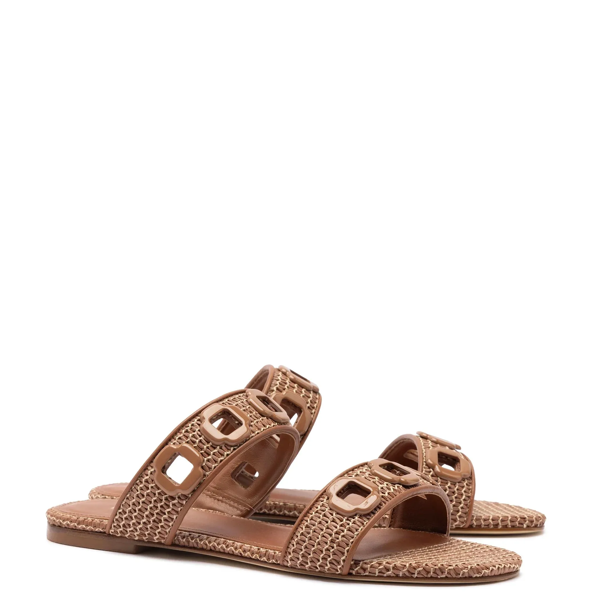 Larroude Milan Flat Mule In Caramel Wave Raffia