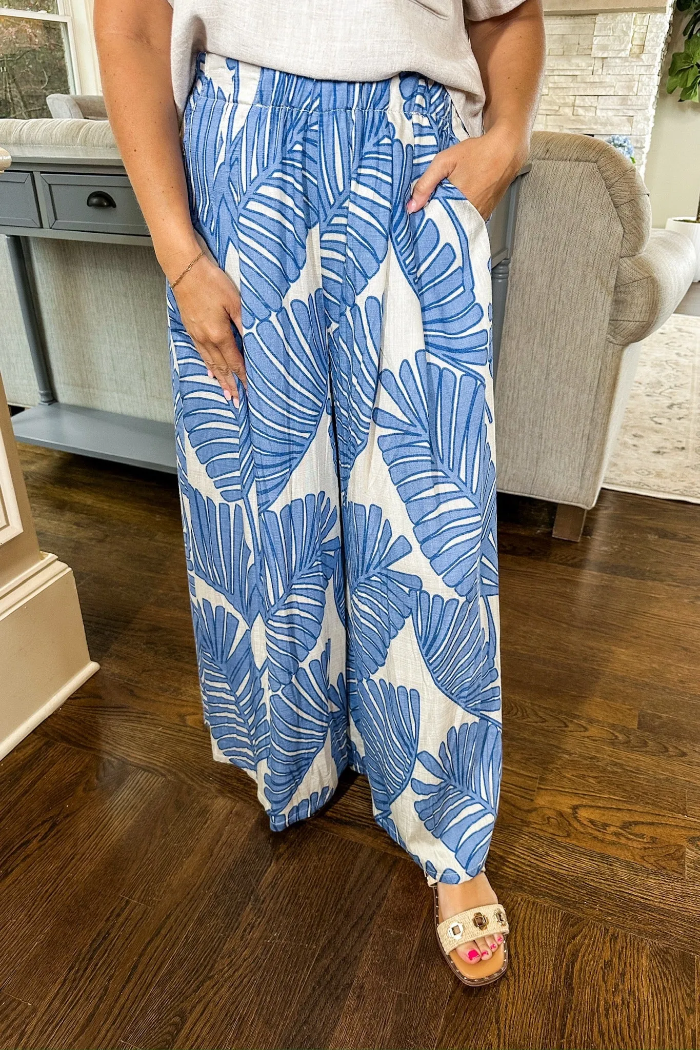 Light Blue Tropical Palm Leaf Pocketed Wide Leg Pants