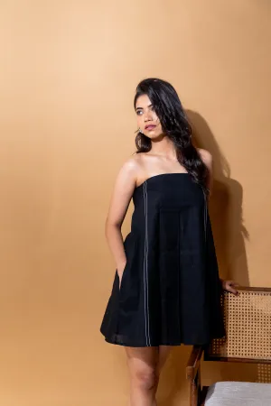 LINEN BLEND BANDEAU DRESS - JET BLACK