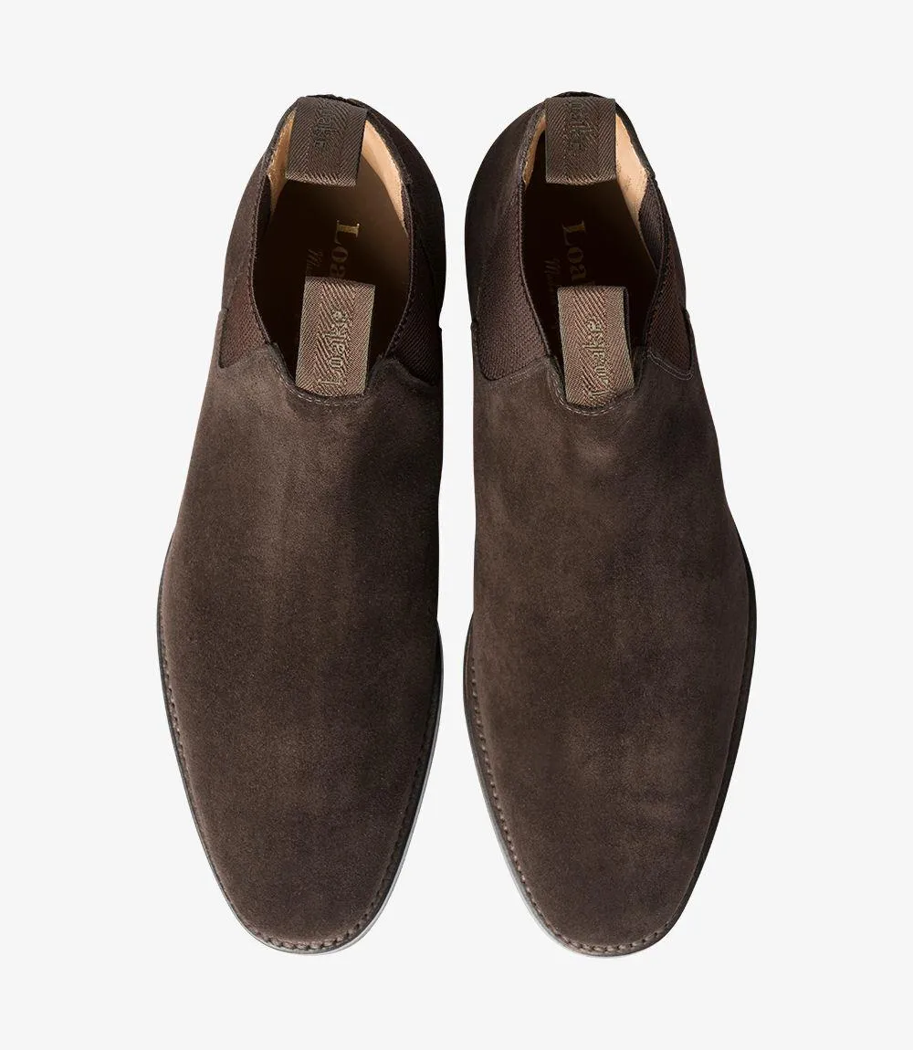 LOAKE CHATSWORTH DARK BROWN SUEDE CHELSEA BOOT SLIP ON RUBBER SOLE G-WIDE
