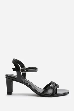 MILENA SQUARE TOE LOW BLOCK HEEL WITH DIAMANTE STRAP DETAIL IN BLACK FAUX LEATHER