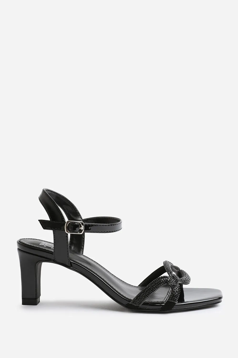MILENA SQUARE TOE LOW BLOCK HEEL WITH DIAMANTE STRAP DETAIL IN BLACK FAUX LEATHER