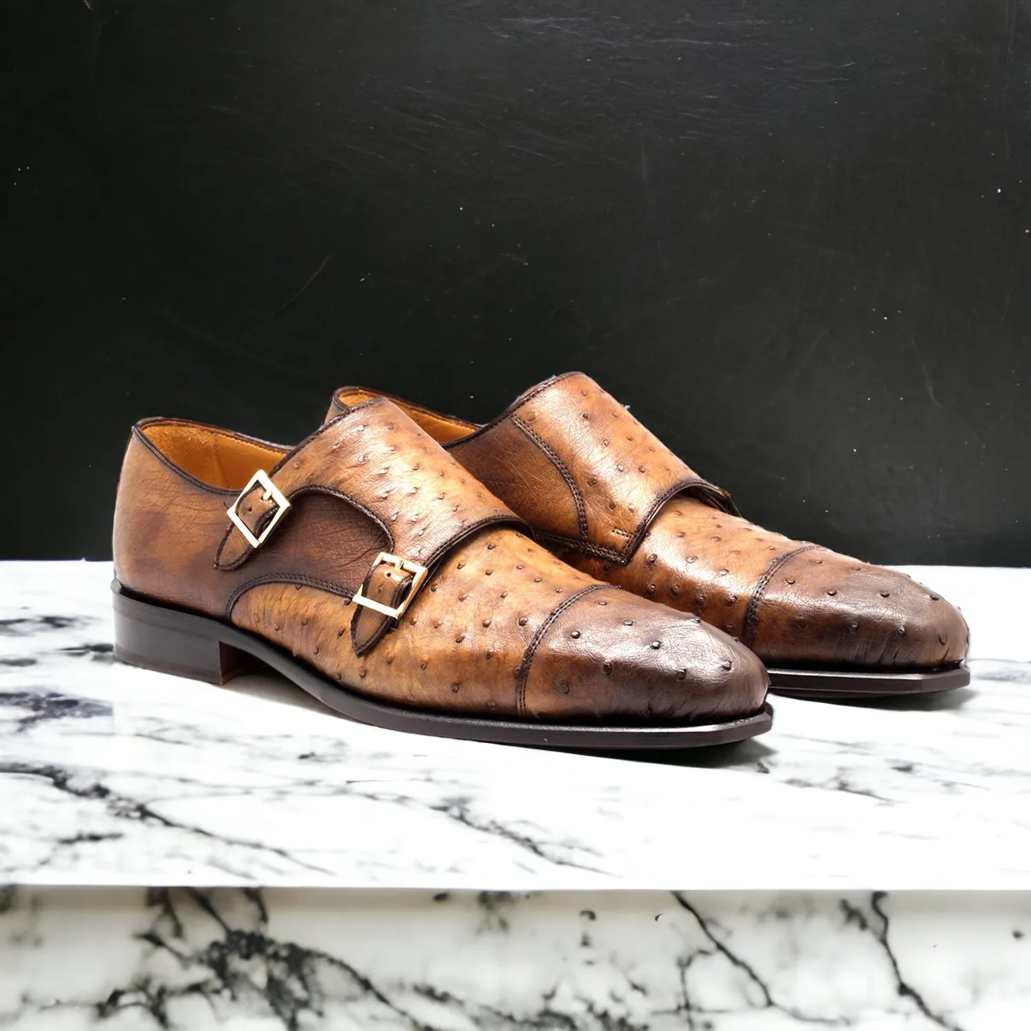 Mister Roma 40415 Men's Shoes Camel Exotic Ostrich-Skin Monk-Straps Loafers (MIS1146)