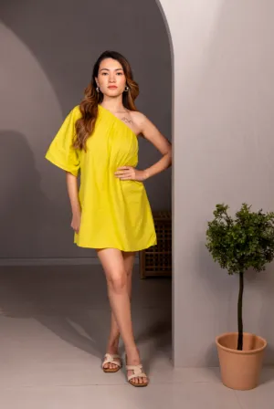 ONE SHOULDER DRESS - YELLOW-GREEN