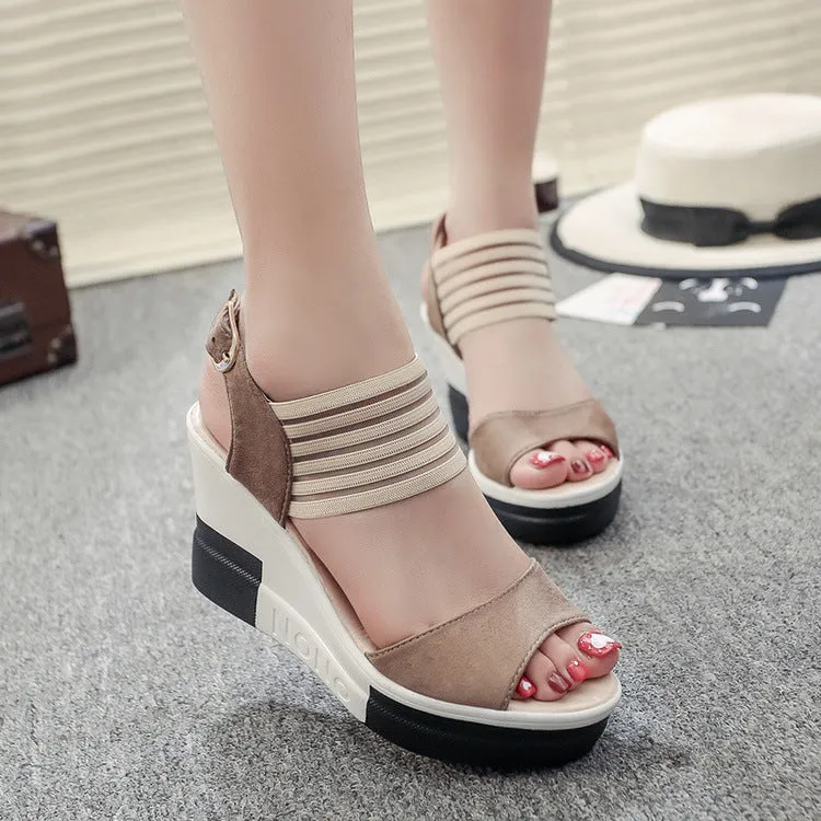 Patchwork Platform Ankle Wrap Wedge Sandals