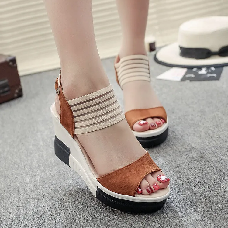 Patchwork Platform Ankle Wrap Wedge Sandals