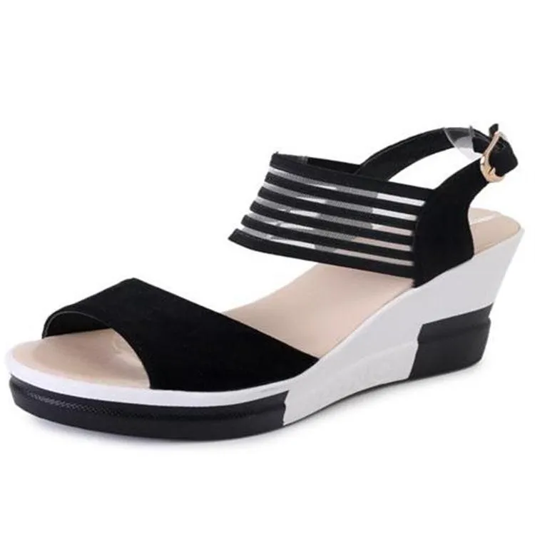 Patchwork Platform Ankle Wrap Wedge Sandals