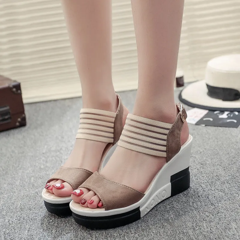 Patchwork Platform Ankle Wrap Wedge Sandals