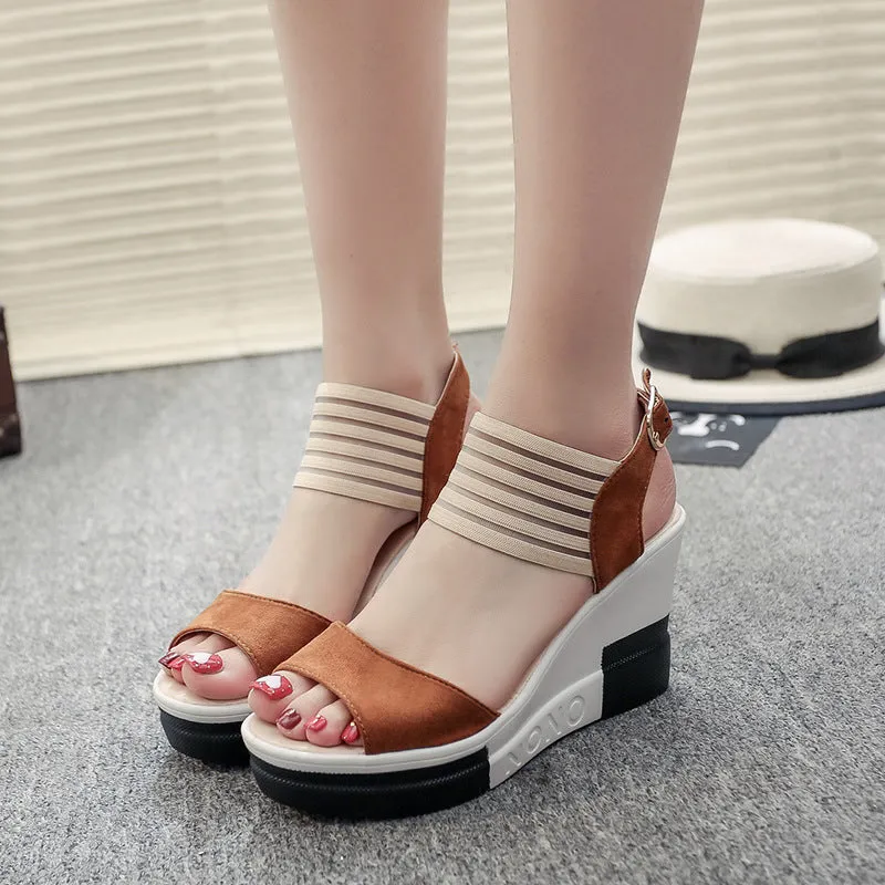 Patchwork Platform Ankle Wrap Wedge Sandals