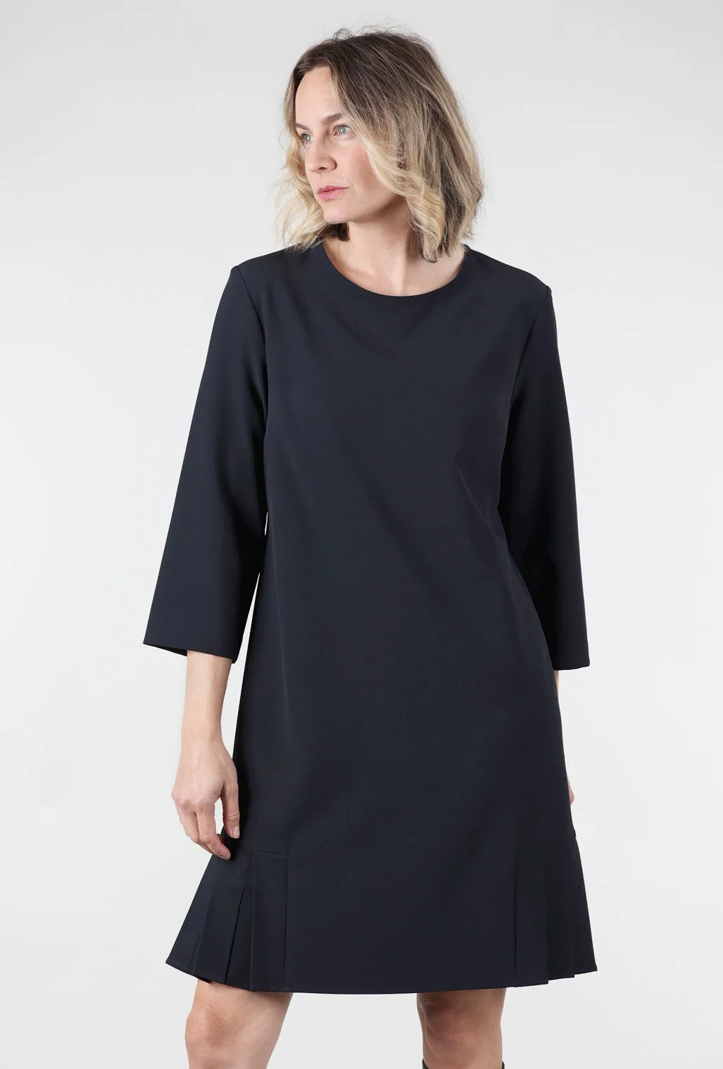 Pleated Bottom Crepe Dress, Navy
