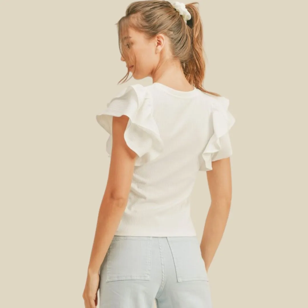 Ribbed Ruffle Sleeve Top (Off White)
