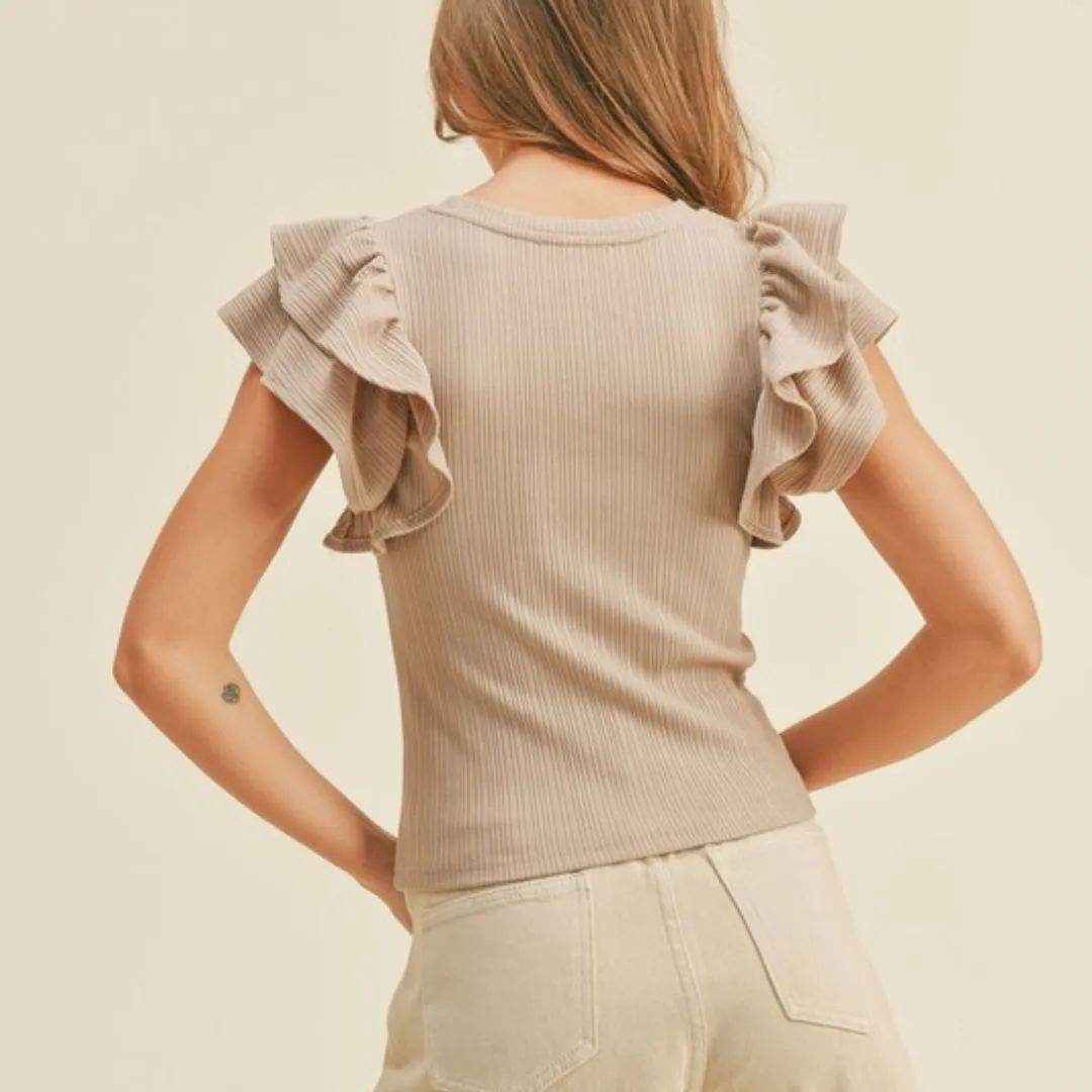 Ribbed Ruffle Sleeve Top (Taupe)