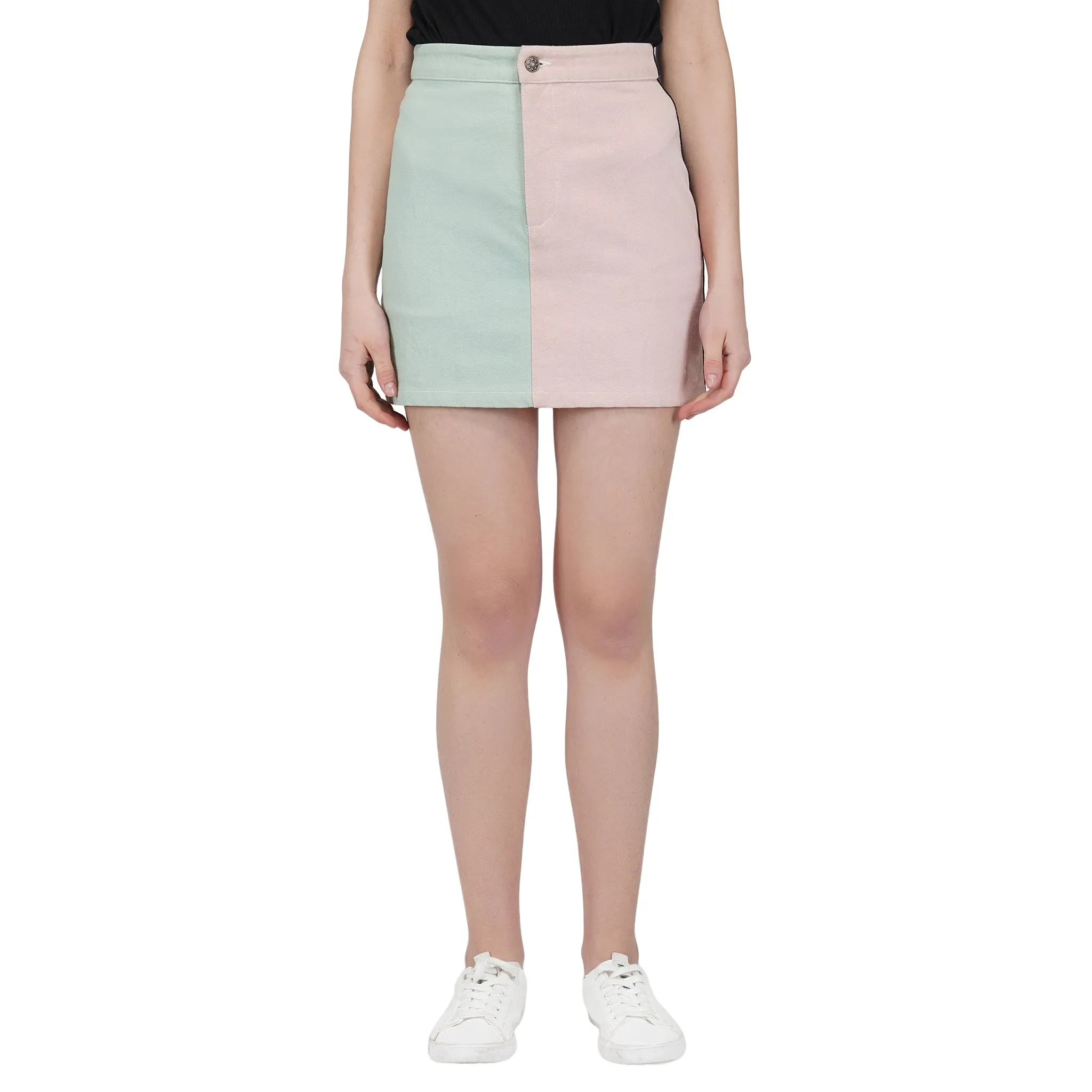 SLAY. Women's Flap Pocket Colorblock Cord Denim Jacket & Skirt Set