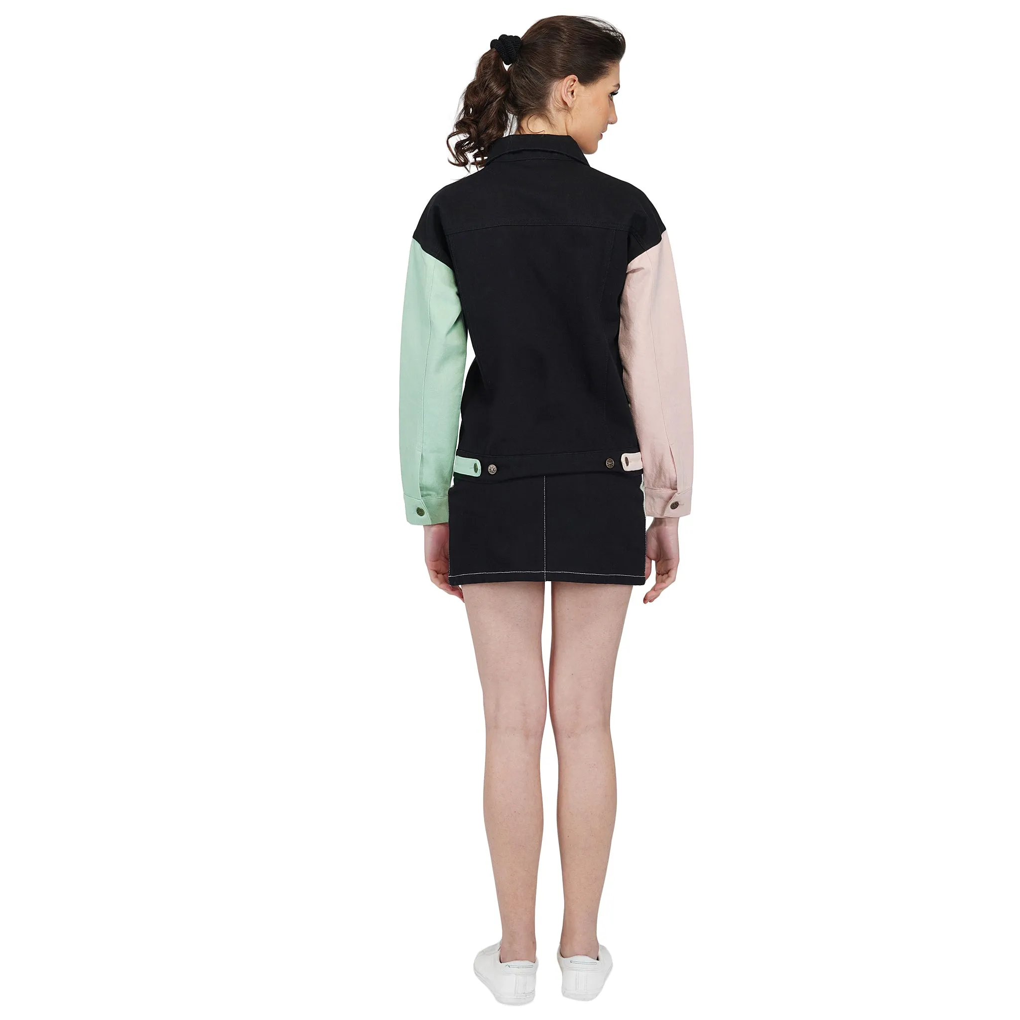 SLAY. Women's Flap Pocket Colorblock Cord Denim Jacket & Skirt Set