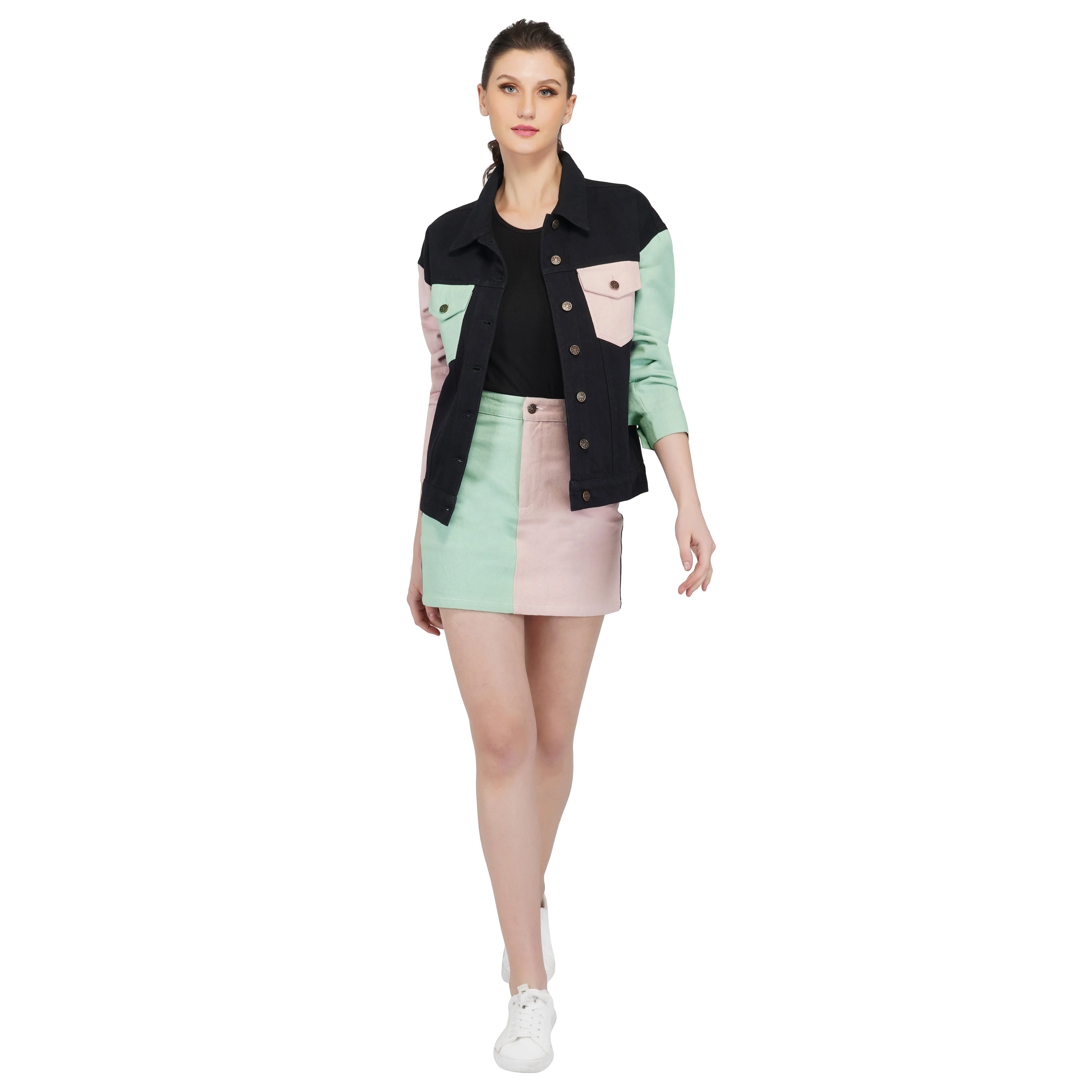 SLAY. Women's Flap Pocket Colorblock Cord Denim Jacket & Skirt Set
