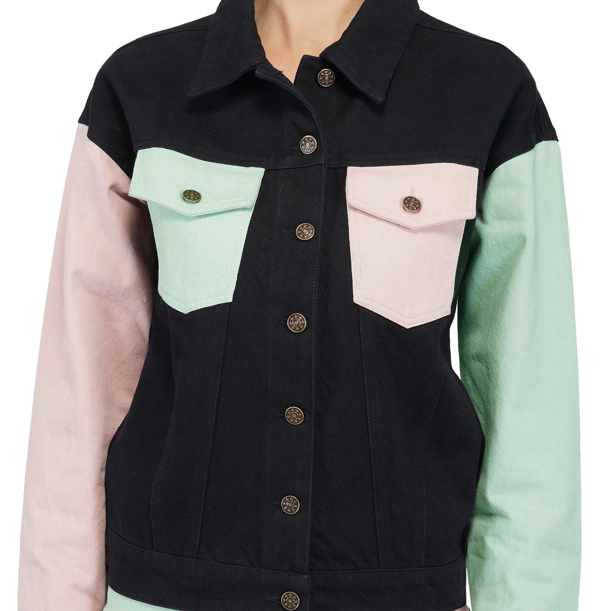 SLAY. Women's Flap Pocket Colorblock Cord Denim Jacket & Skirt Set