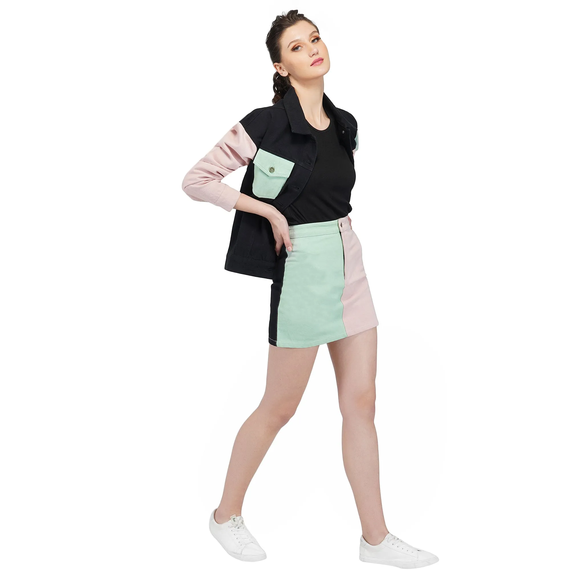 SLAY. Women's Flap Pocket Colorblock Cord Denim Jacket & Skirt Set
