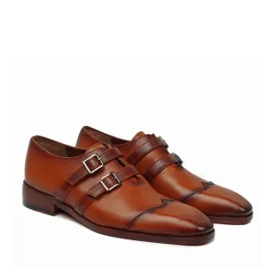 Tan Wingtip Cap Toe Endlong Parallal Double Monk Strap Shoes by Brune & Bareskin