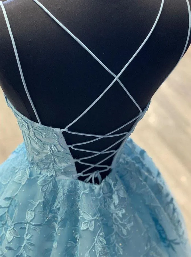 Tulle Lace Long Prom Dress Scoop Spaghetti Formal Evening Gowns TP0978