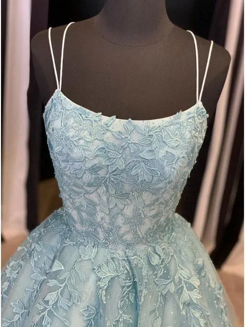 Tulle Lace Long Prom Dress Scoop Spaghetti Formal Evening Gowns TP0978